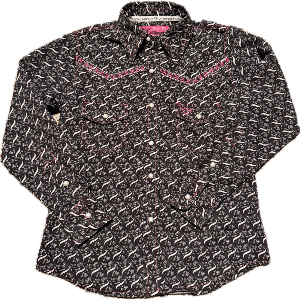 Cowgirl Hardware Womens Small Black Pink Horse Rhinestone Western Snap Shirt